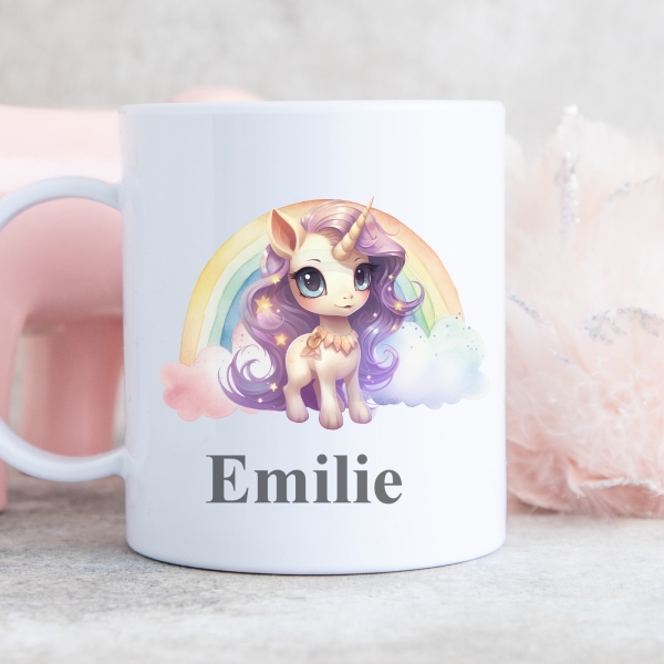 Tasse mit dem Einhorn Joan  mit Regenbogwn